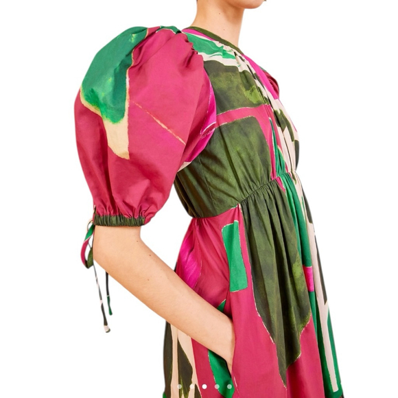 Ulla Johnson Pink and Green Collage Puff Sleeve Dress Size 8 - Picture 6 of 14